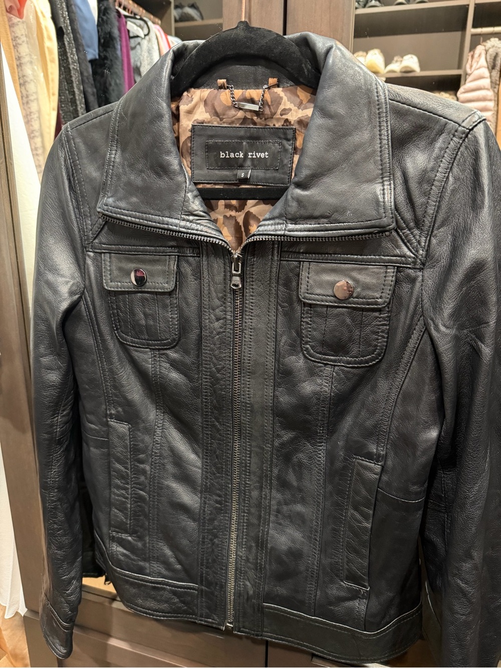 Black Rivet Black Leather Jacket with Snap-Flap Chest Pockets Size S
